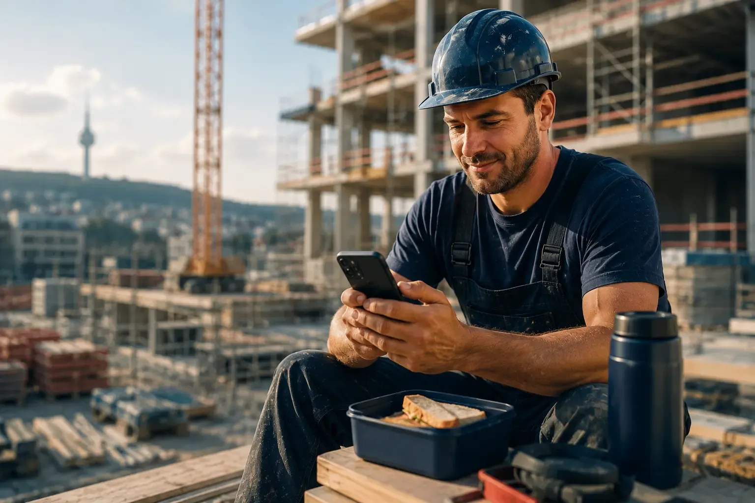 Muncitor în construcții verificând returnarea taxelor pe telefon